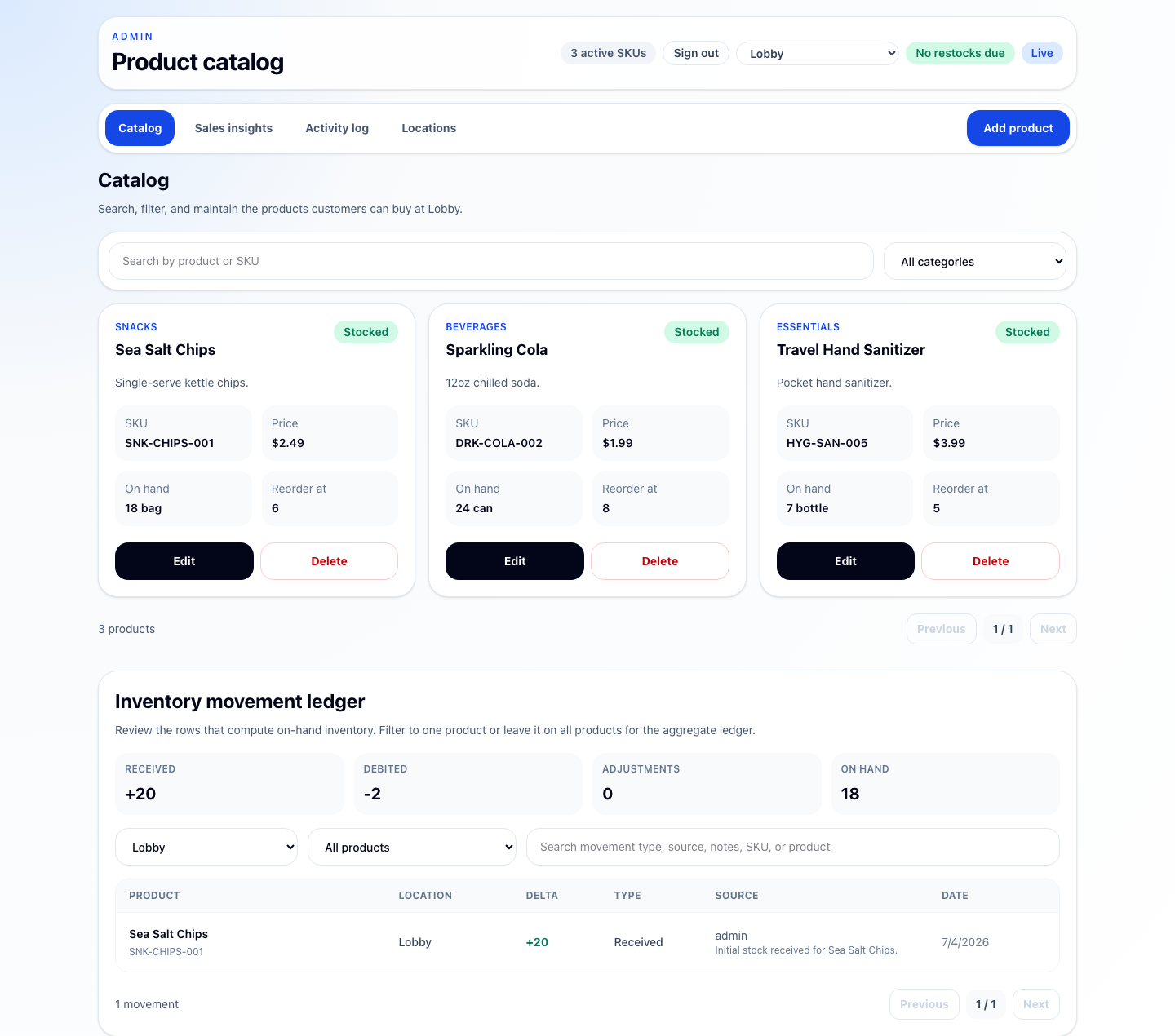 Tillhaus store operations catalog showing active products, stock alerts, and location controls