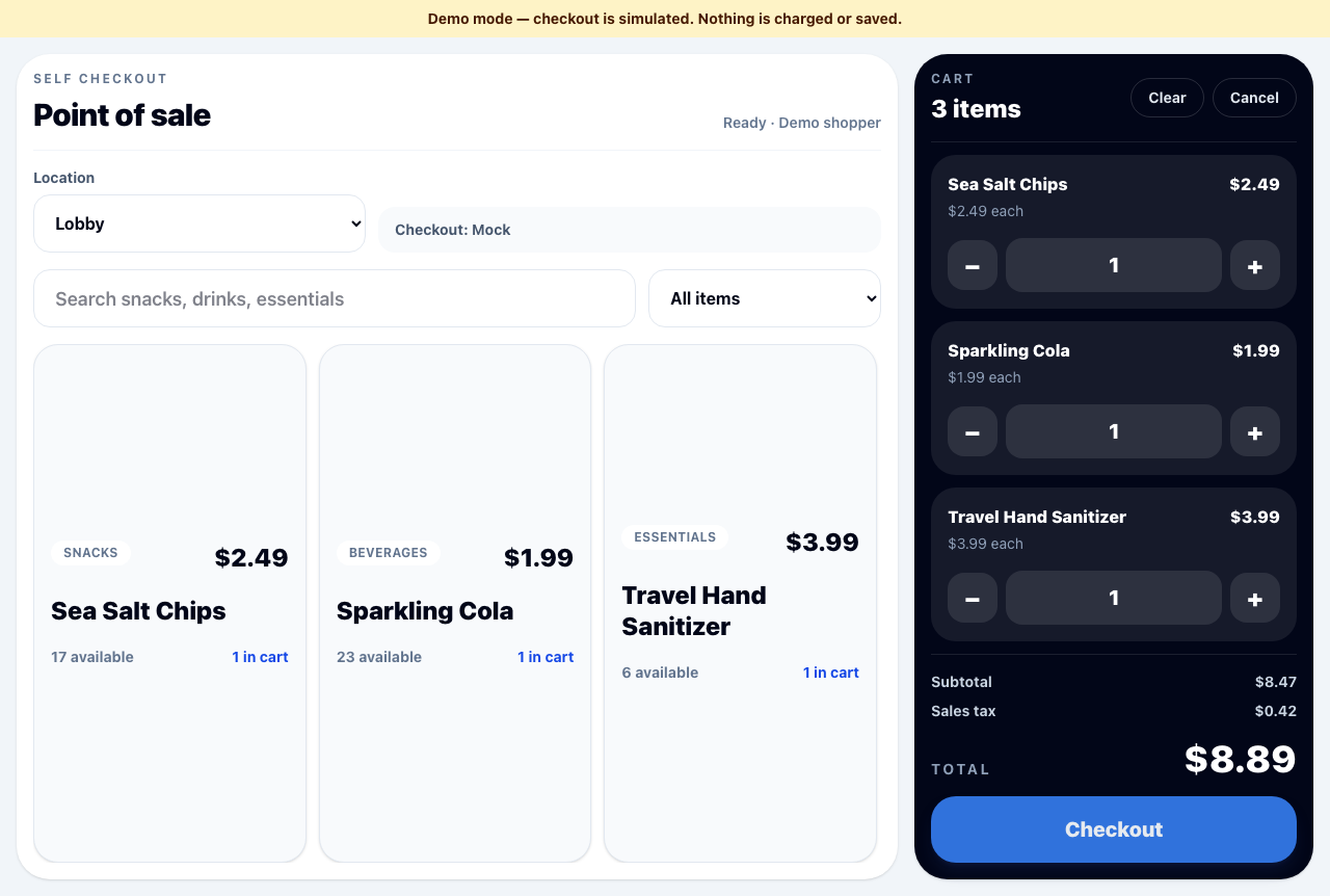 Tillhaus tablet checkout showing snacks, beverages, and essentials ready to add to a cart